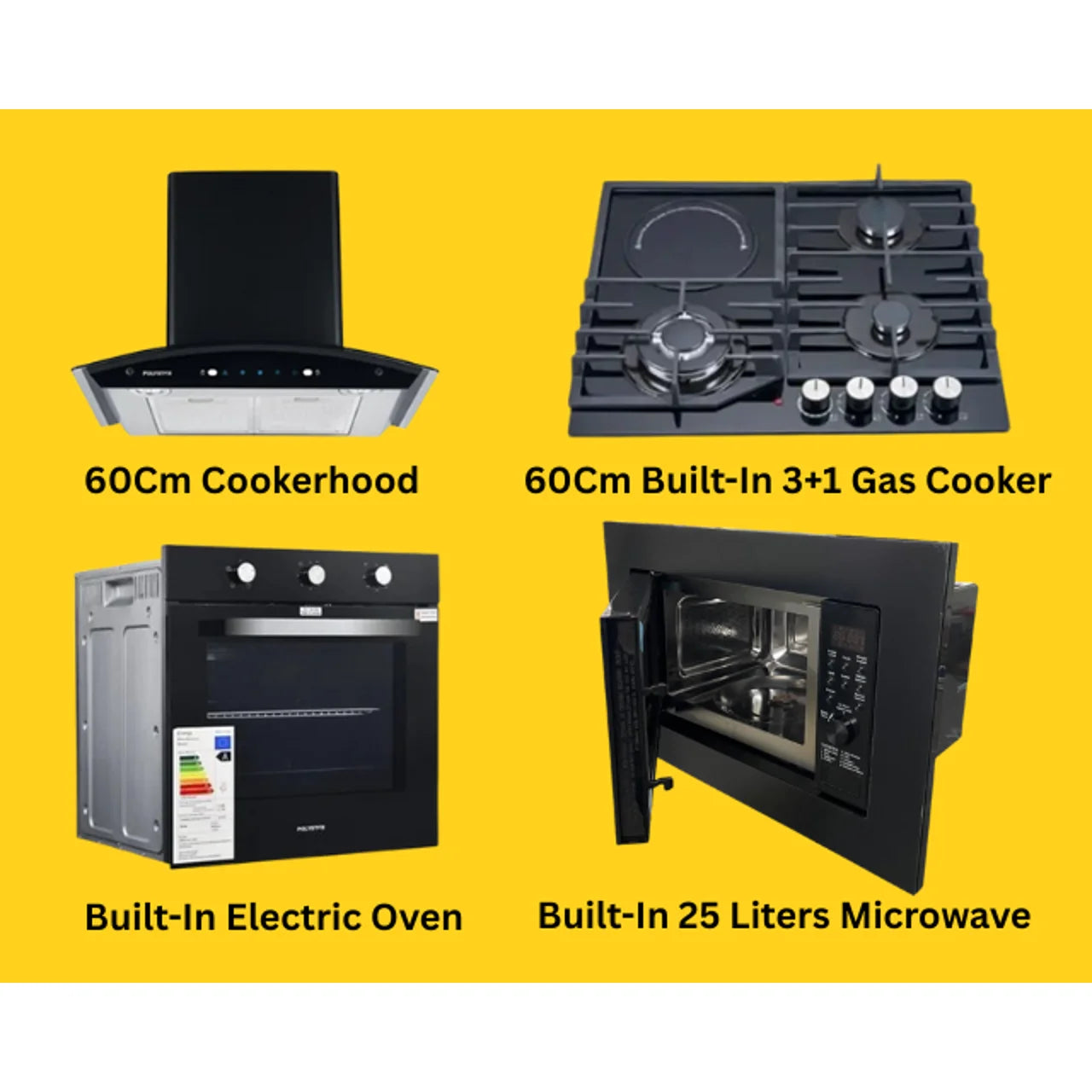 3+1 Burner Built-in Gas Cooker, 60Cm Cooker Hood, 25 Liters Built-In Microwave & Built-in Electric Oven Kitchen Combo