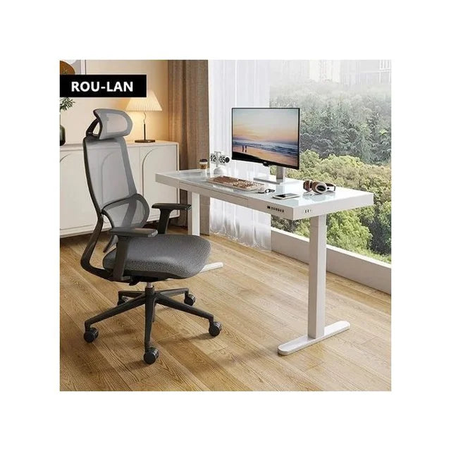 Glass Top 1.2 Meter Adjustable Height Electric Standing Desk With USB And Drawer
