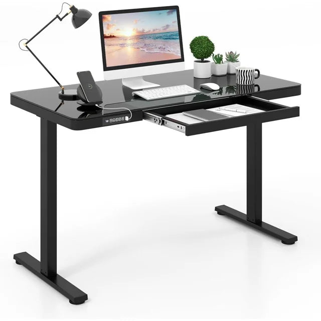 Glass Top 1.2 Meter Adjustable Height Electric Standing Desk With USB And Drawer