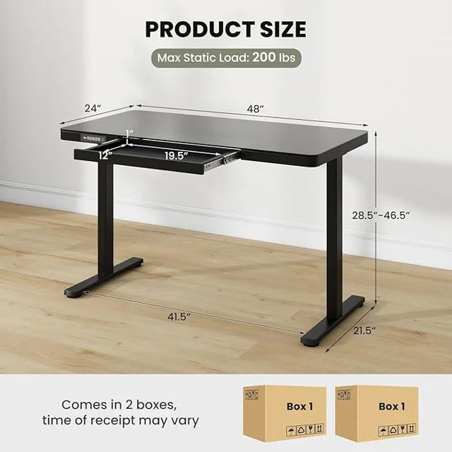 Glass Top 1.2 Meter Adjustable Height Electric Standing Desk With USB And Drawer